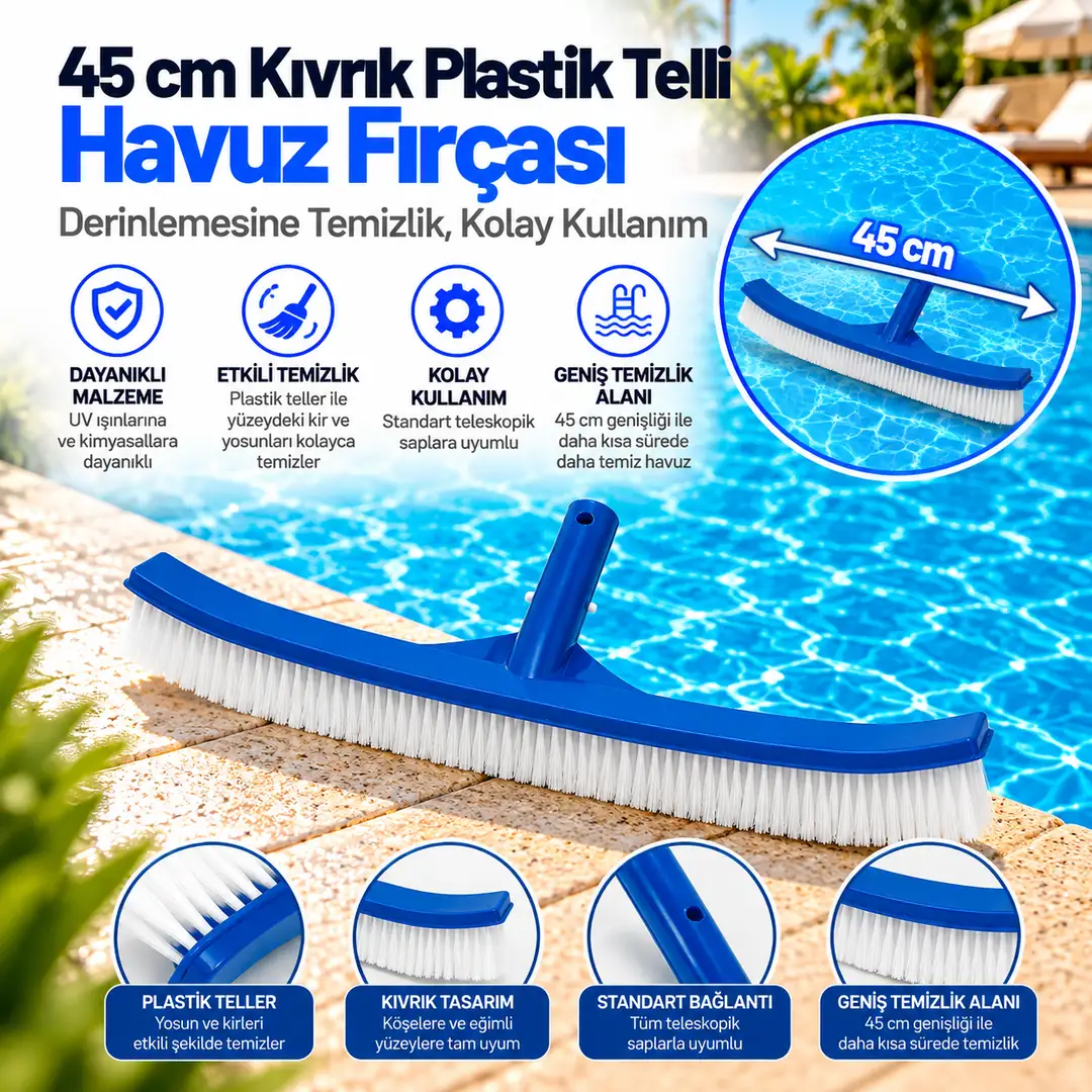 45 cm Kıvrık Plastik Telli Havuz Fırçası