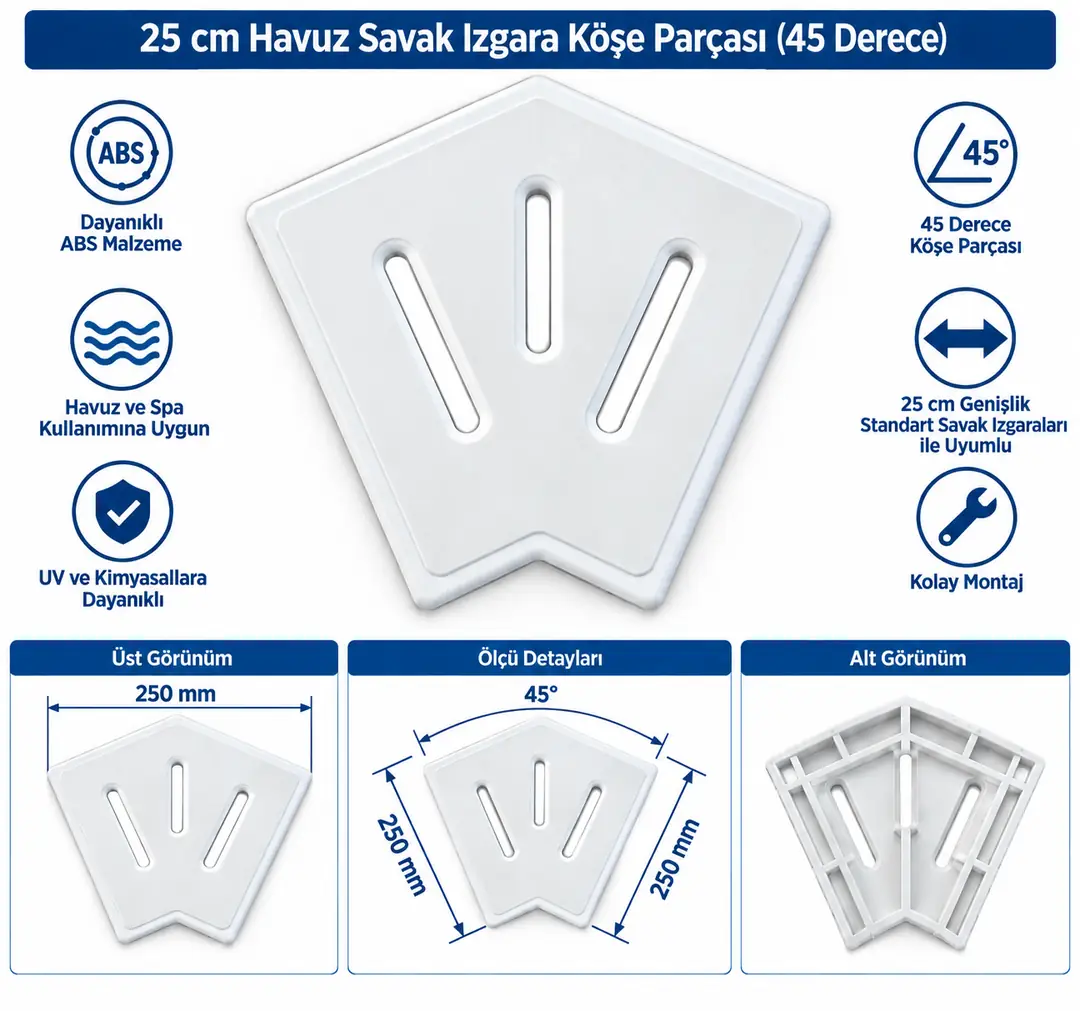 25 cm Havuz Savak Izgara Köşe Parçası (45 Derece)