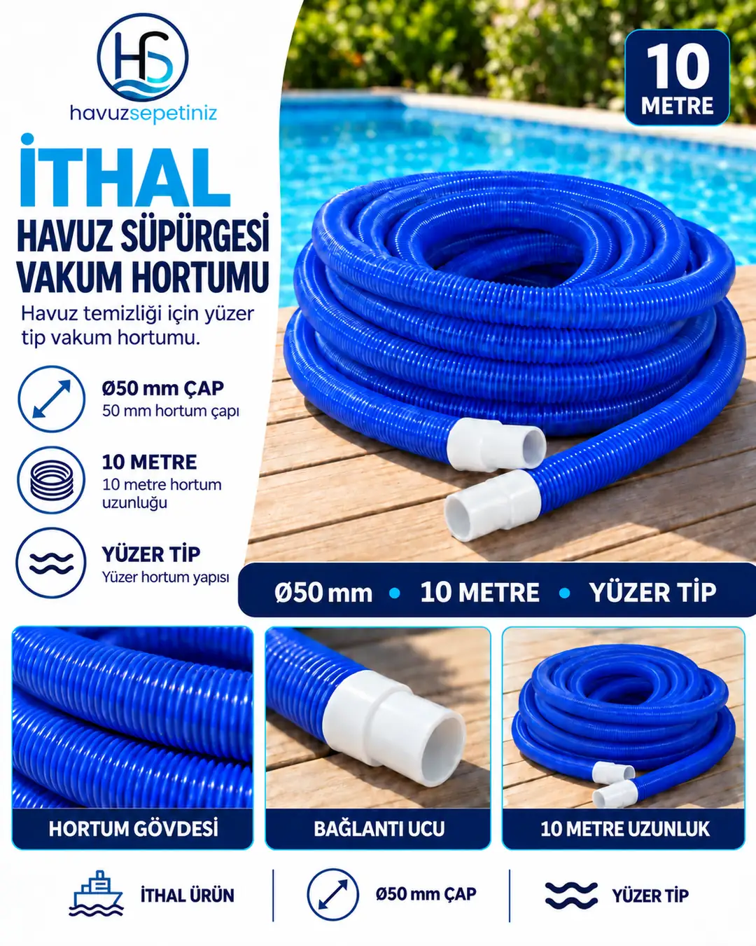 Ø50 mm Havuz Süpürgesi Vakum Hortumu (Yüzer Tip) (10metre)