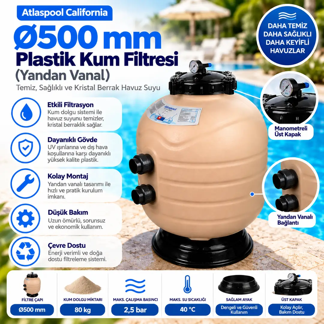 Atlaspool California Ø500 mm Plastik Kum Filtresi (Yandan Vanalı)