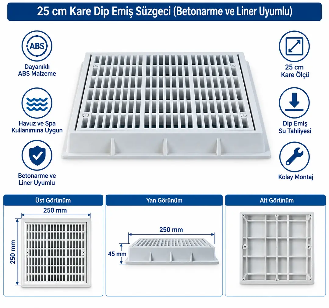 25 cm Kare Dip Emiş Süzgeci (Betonarme ve Liner Uyumlu) 1