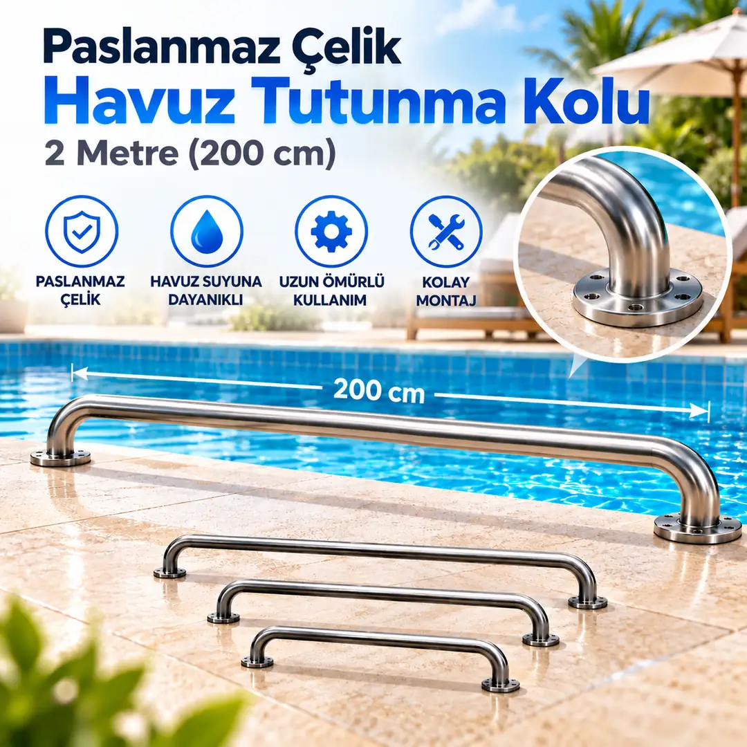 2 Metre (200cm) Paslanmaz Çelik Havuz Tutunma Kolu