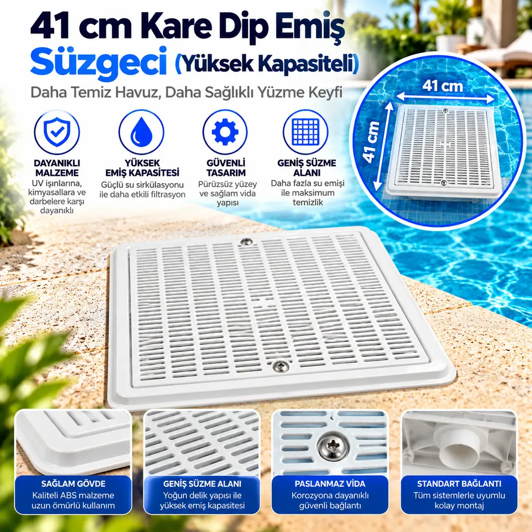41 cm Kare Dip Emiş Süzgeci (Yüksek Kapasiteli)