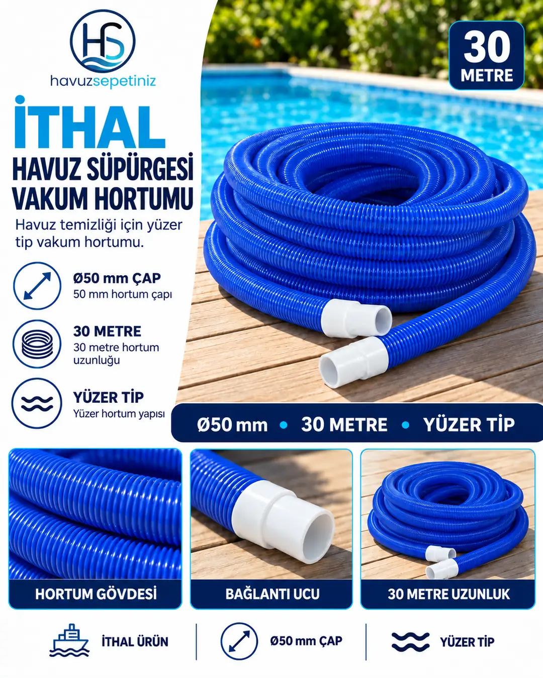 İthal Ø50 mm Havuz Süpürgesi Vakum Hortumu (Yüzer Tip) (30 metre)