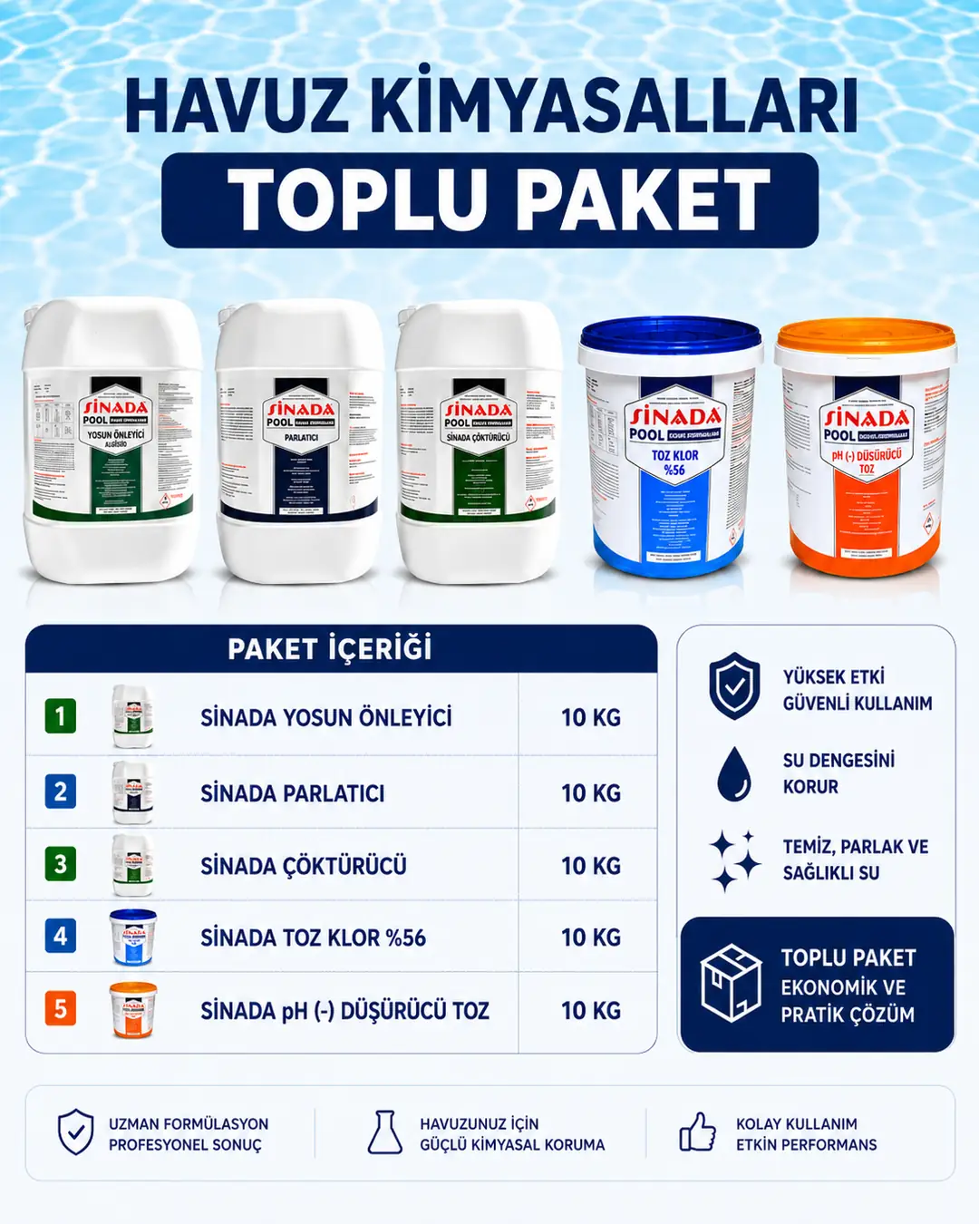 Sinada 5'li paket 10 KG Havuz Temizleme Kimyasalları 
