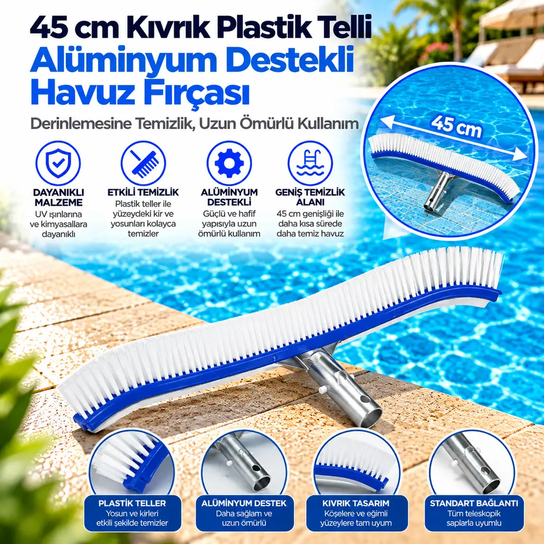 45 cm Kıvrık Plastik Telli Alüminyum Destekli Havuz Fırçası